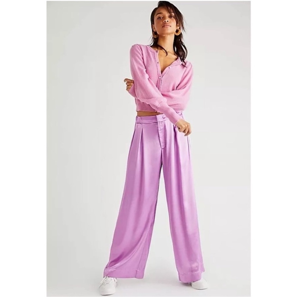 Free People Good Days Satin Pleated Wide Leg Trousers Mauve Size XS - Picture 7 of 7